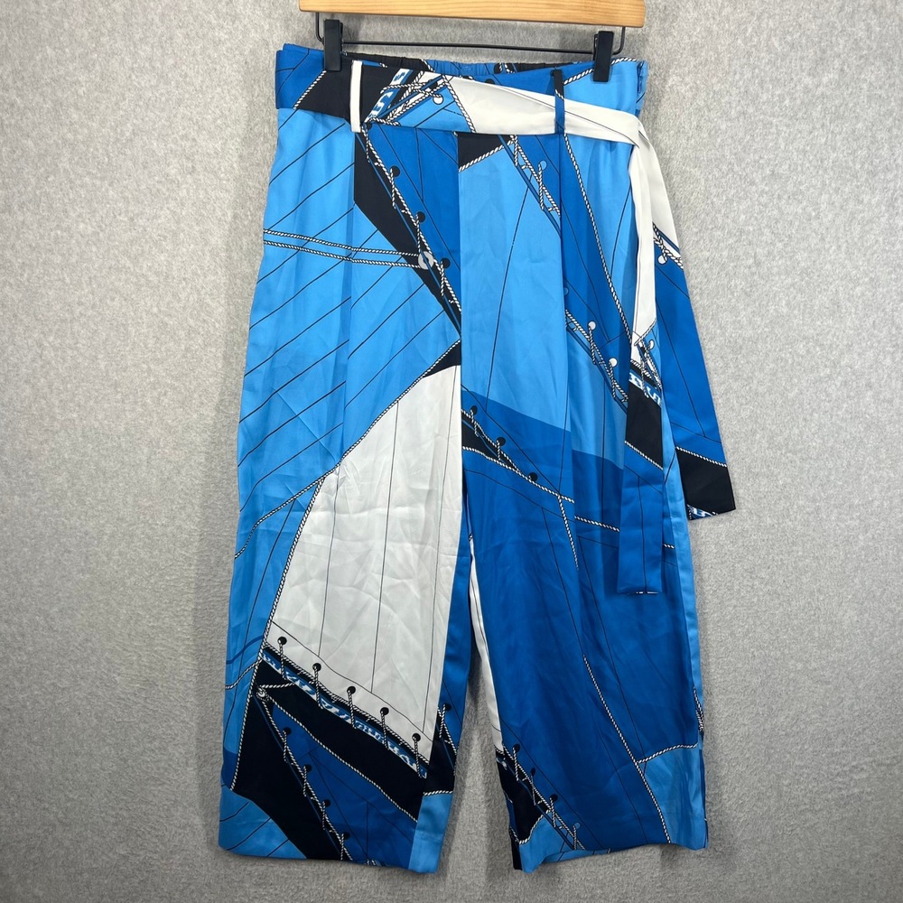 J Crew Ratti Regata Pant Women 10 Blue Sailboat Print Wide Leg Cropped EUC